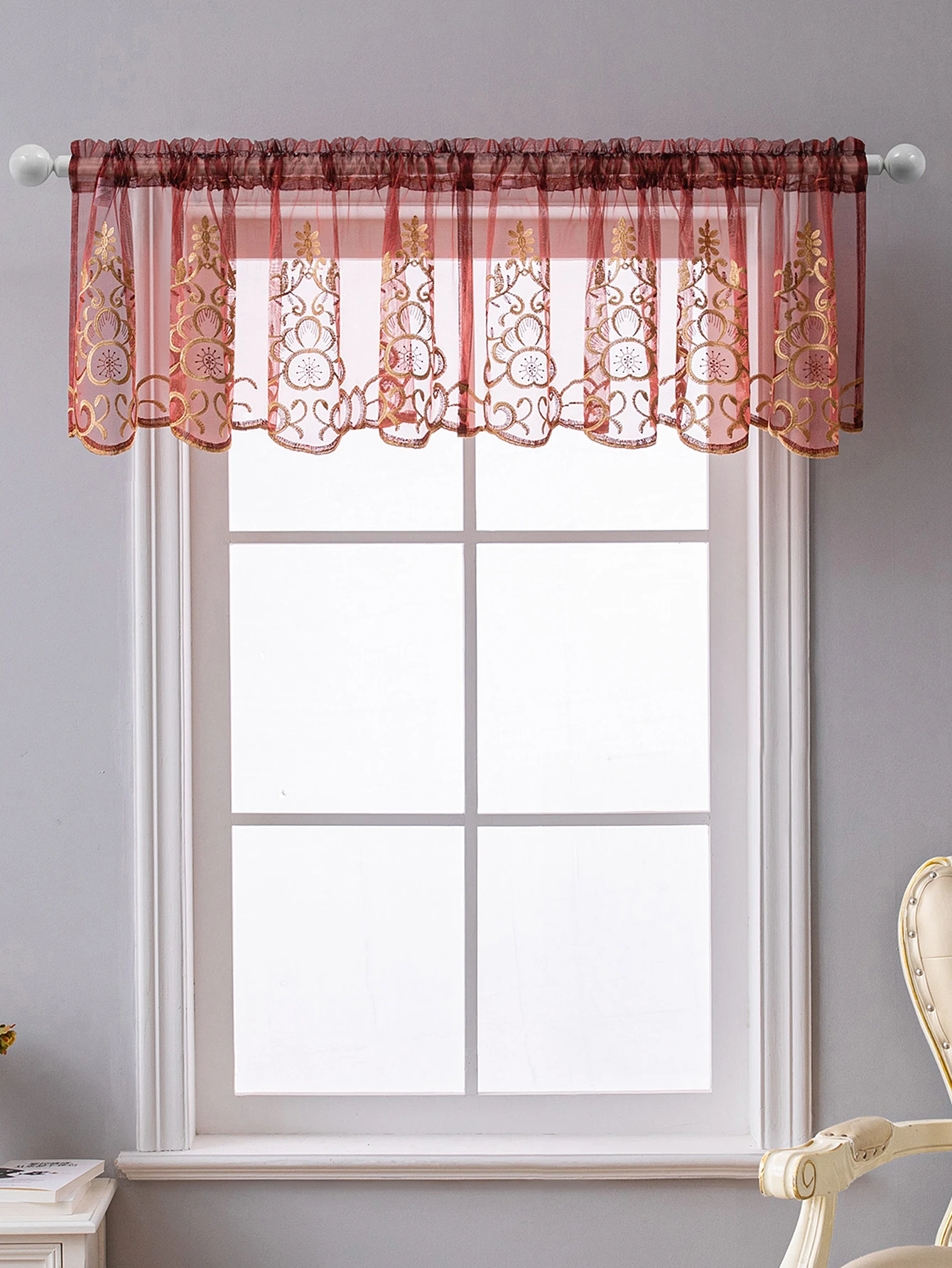 Description Picture 5 of item1 PC Embroidery Sheer Valance,Sweet and Cute Style Window and Cabient Short Curtain Decor,Rod Pocket Half Sheer Kitchen Curtain