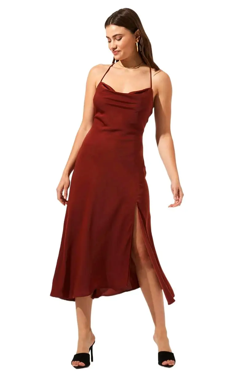 

Brand Summer Vintage Women Satin Slip Dress French Spaghetti Strap Side Slit Black Burgundy Silk Sexy Long Party Dress Vestidos