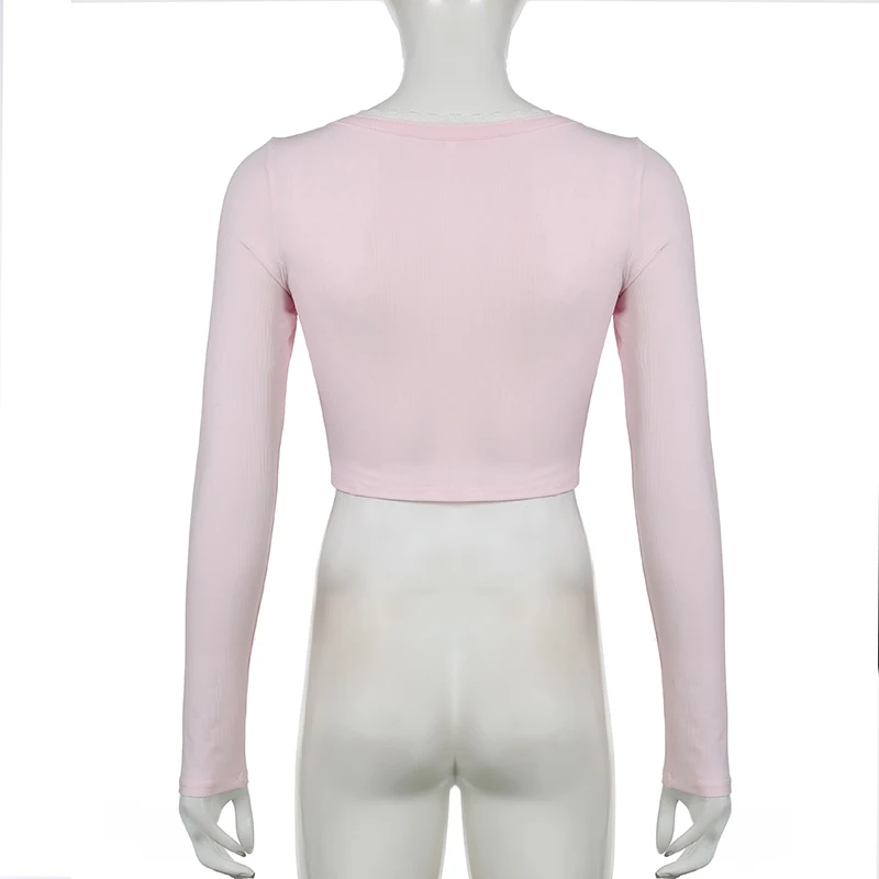 Sweet Y2K Bow Detail Button Up Cropped Top Autumn Knitted Long Sleeve Cute Tshirt Chic Aesthetic Street Tee Outfits