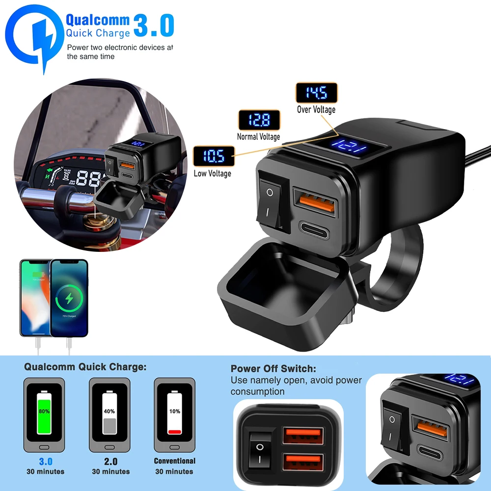 Presa USB Auto Con Caricatore Veloce QC3.0 E PD 20W – Voltmetro LED E Interruttore – Per Auto, Moto, Camper, Barca (12V/24V)