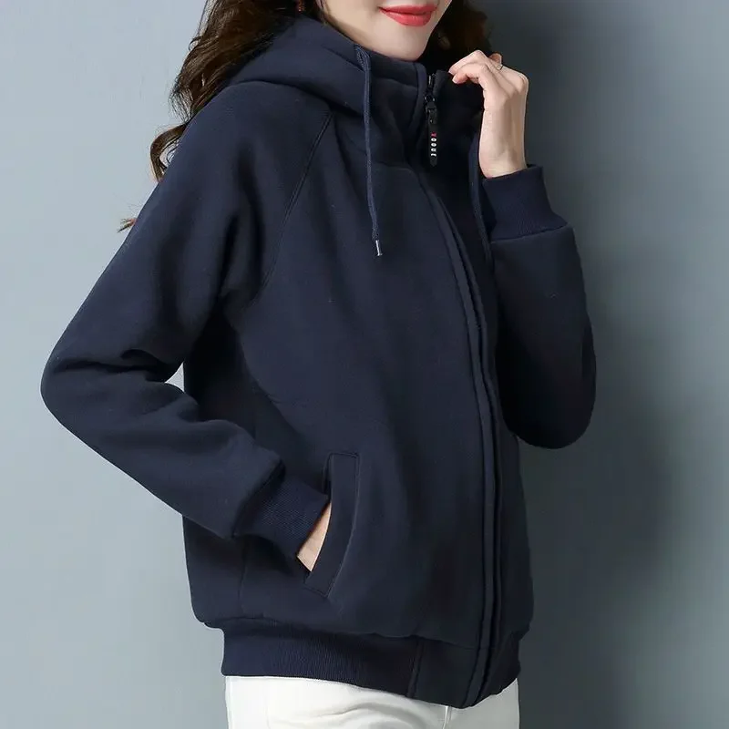 여성 기모 두꺼운 맨투맨 후드 상의, 집업 스포츠 가디건, 숏 재킷, 용수철 가을, 2024 신상