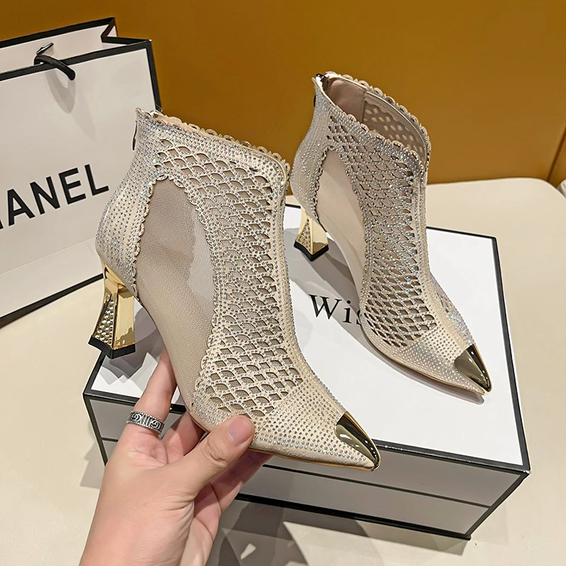 

2022 Women's Summer Fashion Mesh Boots Sexy Cutout Sandals Rhinestone Shiny High Heels Pointed Toe Black Zipper Stiletto Sandals