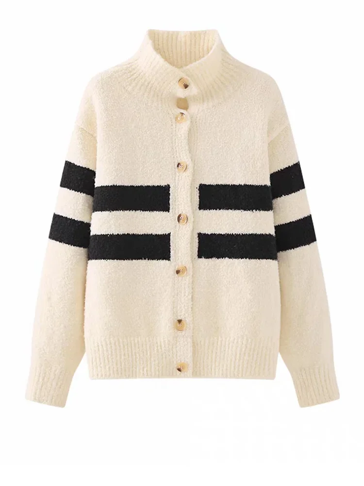 Autumn and Winter Turn Down Collar Women's Long Sleeve Cardigan Sweater Fashion Casual Black and White Striped Knitwear Jacket