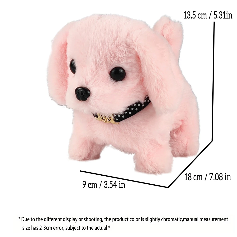 Battery-operated plush puppy toy mid-step with wagging tail, standing on a child’s play mat with a joyful expression pink