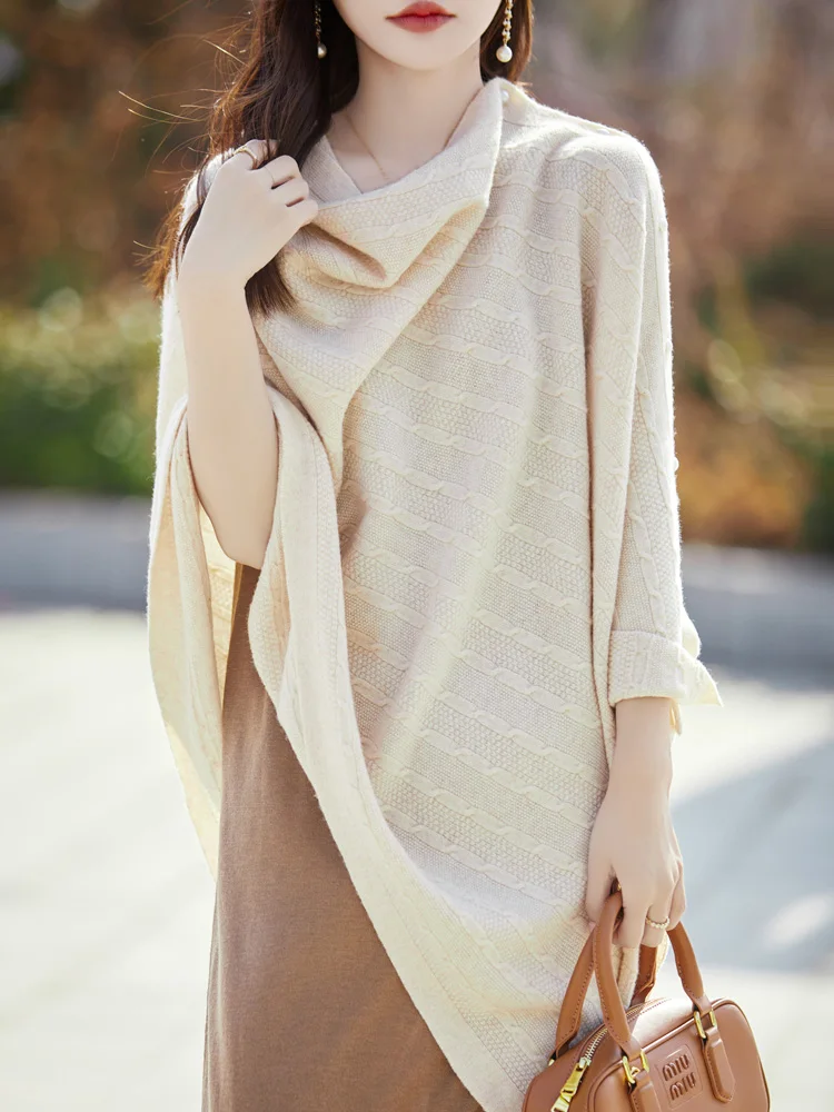 Women Cashmere Wrap Shawl Cardigan Autumn Winter Grace Basic 100% Merino Wool Knitwear Cable Knitting Cashmere Sweater Tops 3