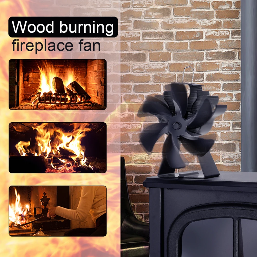 

Black 6 Blades Log Wood Burner Fireplace Fan Heat Powered Stove Fan Low Noise for Wood Burning Stove Home Indoor Winter Warmer