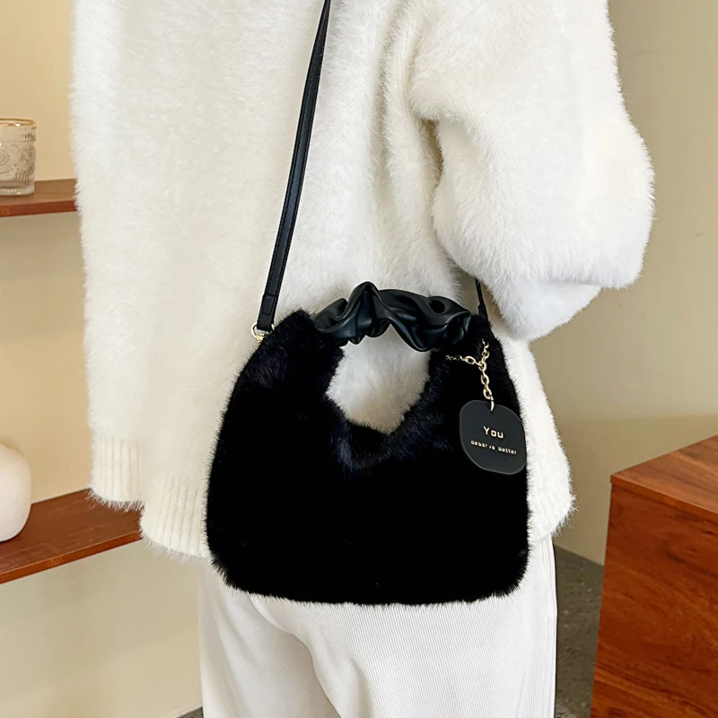 Women Faux Fur Plush Handbags Ruched Handle Small Lady Shoulder Crossbody Bag Casual Tote Half-Moon Hobos Winter Bags for Women