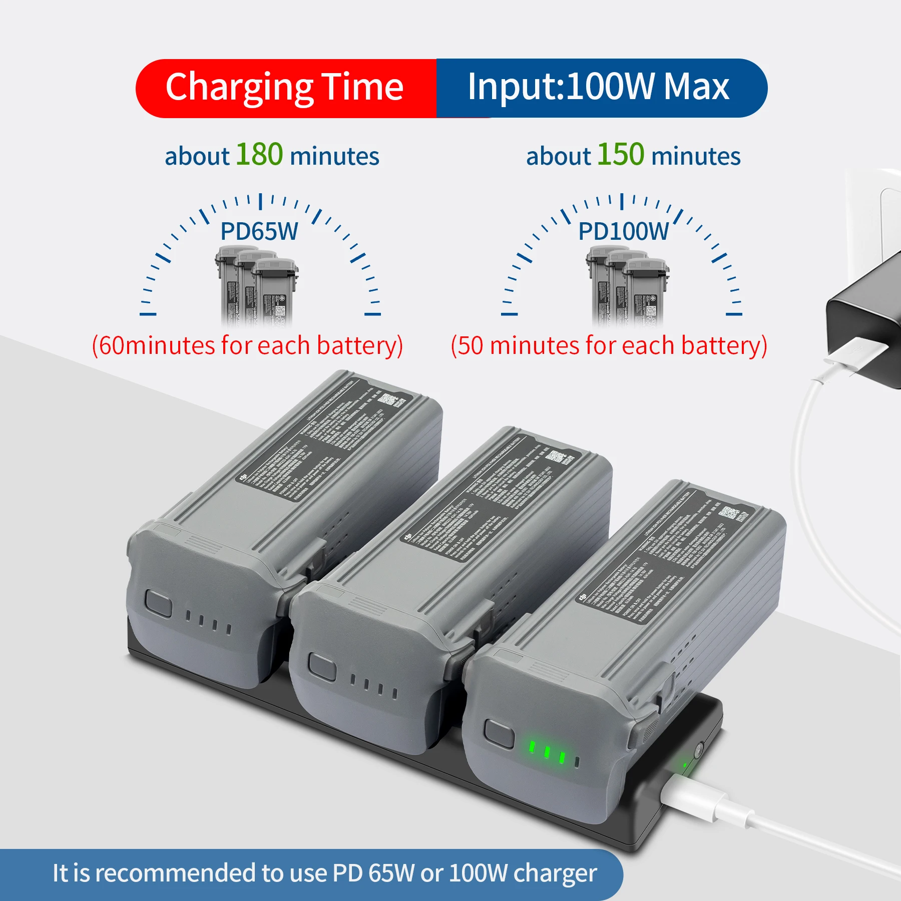 Chargeur 3 en 1 pour DJI Air 3 et Air 3S en main, comparé à une batterie de drone, soulignant sa taille compacte de 97g.