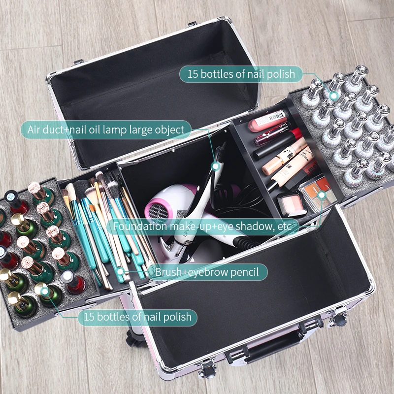 Aluminum Rolling Makeup Train Case, Portable Makeup Organizer Suitcase, Cosmetic Storage Box, Travel Beauty Luggage Trolley Lock 6