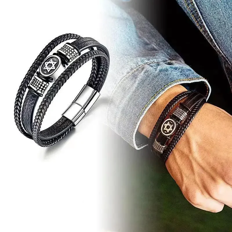 Classic Leather Jewish Star of David Bracelet Women Men Hexagon Cuff Bracelet Magnetic Closure Vintage Lucky Gift Jewelry leather braided bracelet leather bracelet