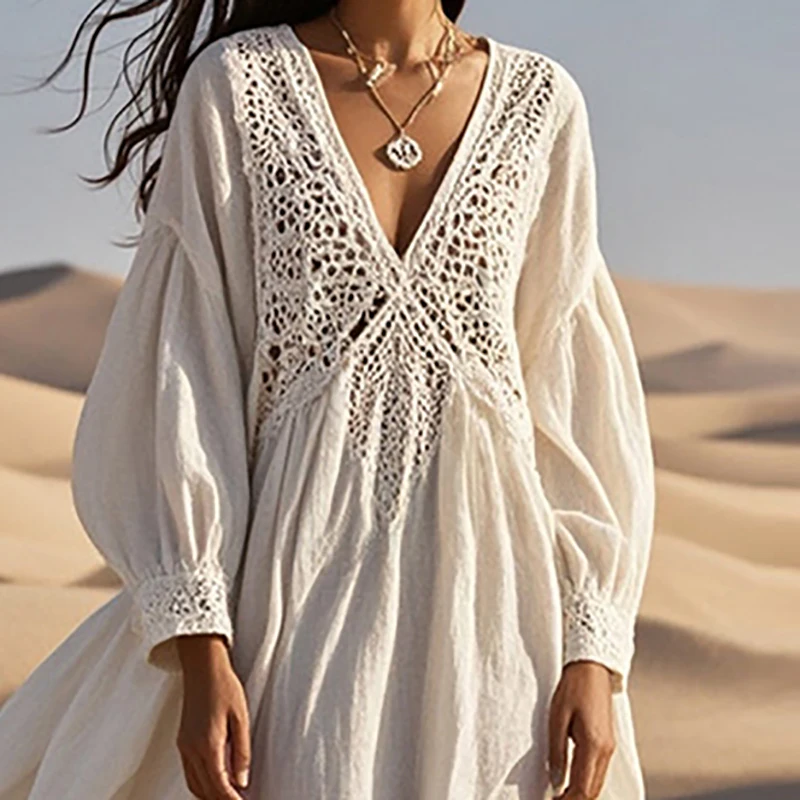 MENGQING Dames kant boho holle gehaakte bikini cover-up jurk lange mouw V-hals doorzichtige jurk zomer avond feest strand zonnejurk-wit, S