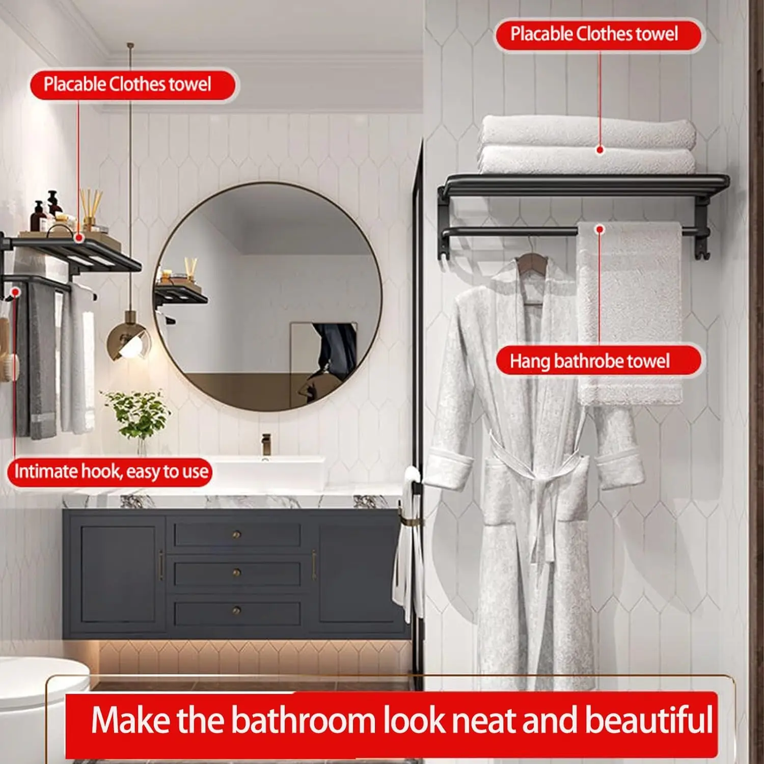Foldable Towel Rack with Hooks Wall Mount AluminumTowel Rack Rustproof Towel Storage Wall Mount for Bathroom Lavatory for Home