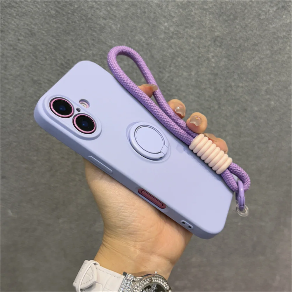 Luxury Solid Liquid Silicone Phone Case with Lanyard and Ring Holder - Matte Frosted Finish