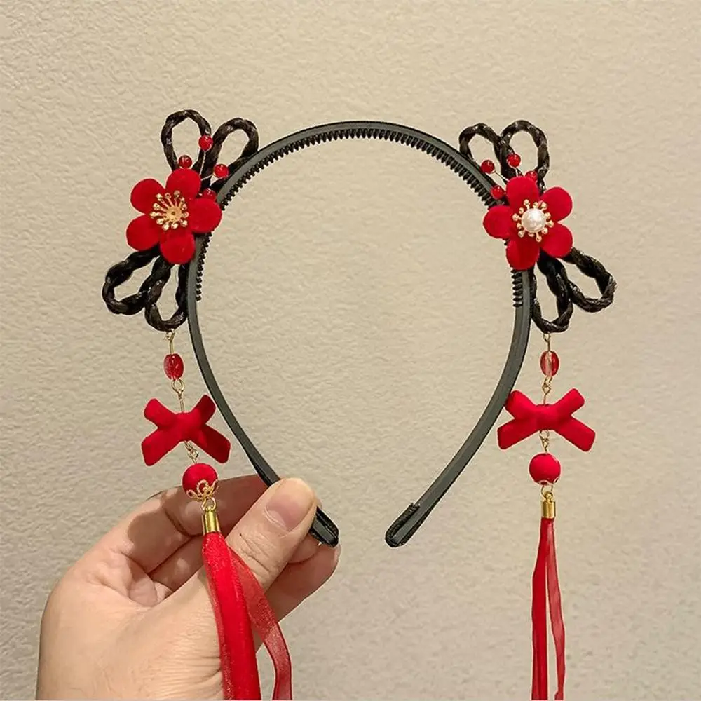 Flower Children Wig Headband Braid Hair Tang Suit Hair Hoop Chinese New Year Headwear Ancient Style Tassel Red Bow Hairband Baby