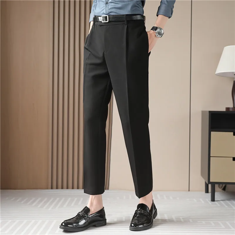 Summer Belt Decoration Casual Pants Men Ankle Length Business Suit Pant Elastic Waistline Straight Trousers Costume Homme