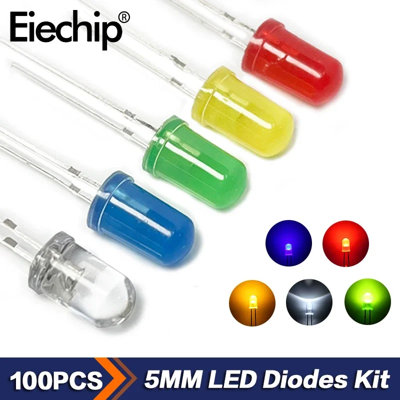 100PCS-F5-5MM-LED-Diode-Assorted-Kit-Straw-Hat-LED-Diodes-White-Red ...