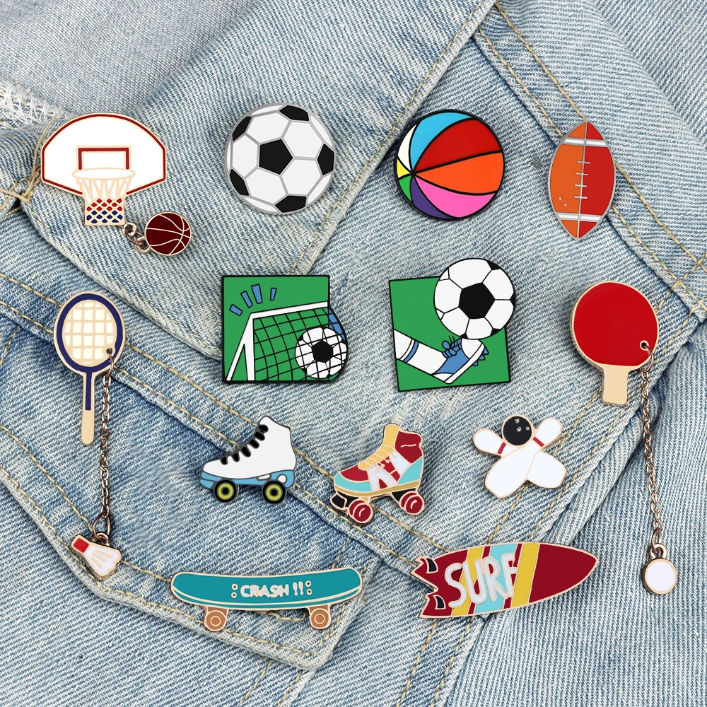 친구를 위한 만화 스포츠 공 브로치, 농구 축구 탁구 에나멜 핀 스케이트 볼링 선수 가방, 라펠 배지 쥬얼리