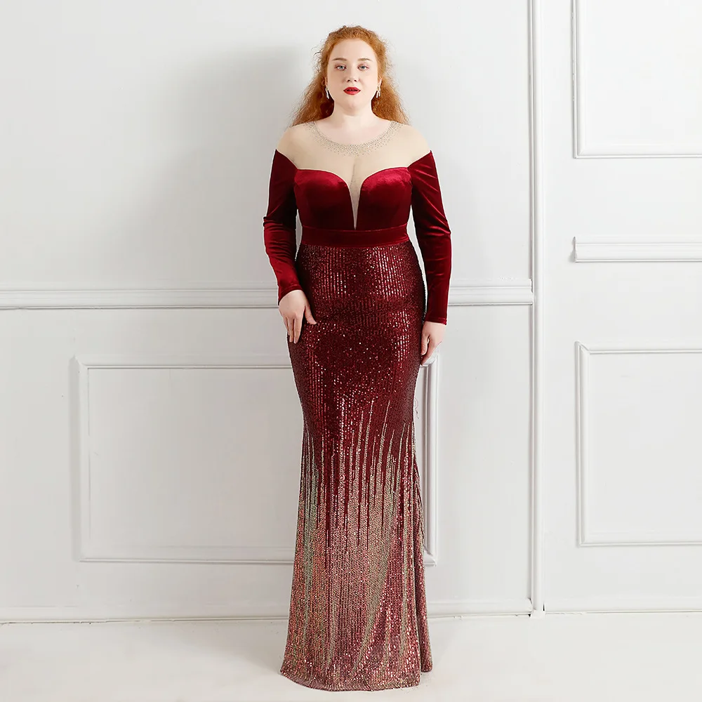 

Plus Size Velvet Dresses for Women, Long Sleeves, Mother's Outfits, Bride's Sequin Prom, Luxury Gowns for Guest, Wedding Party,
