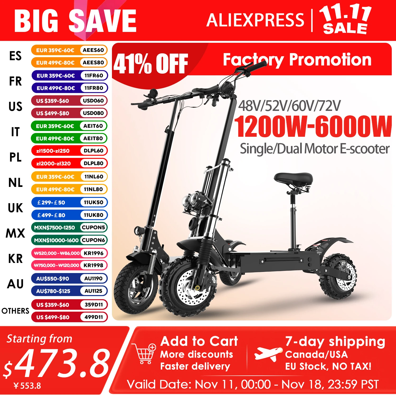 Electric Scooter 48V-72V 1200W-6000W Electric Scooter 50-80km/h Fast E Scooter Off Road Electric Kick Foldable Adult Patinete Electrico