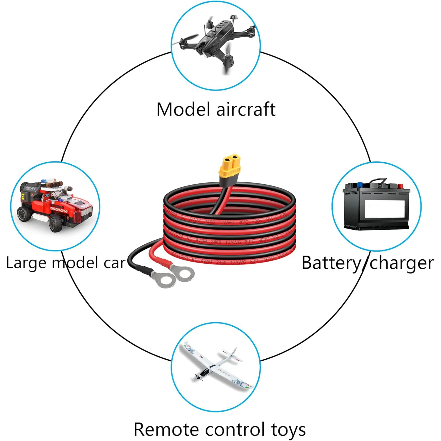 Cavo terminale da XT60 a O Ring 12AWG 59 pollici XT60H cavo connettore da femmina a O-Ring per RC Aircraft Toy Cars Lipo Battery FPV Racin  44
