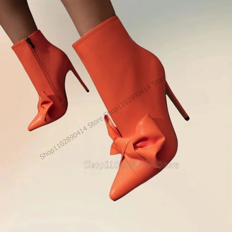 

Orange Bow Knot Decor Mid Calf Pointed Toe Boots Side Zipper Women Shoes Thin High Heels Fashion Party 2023 Zapatos Para Mujere