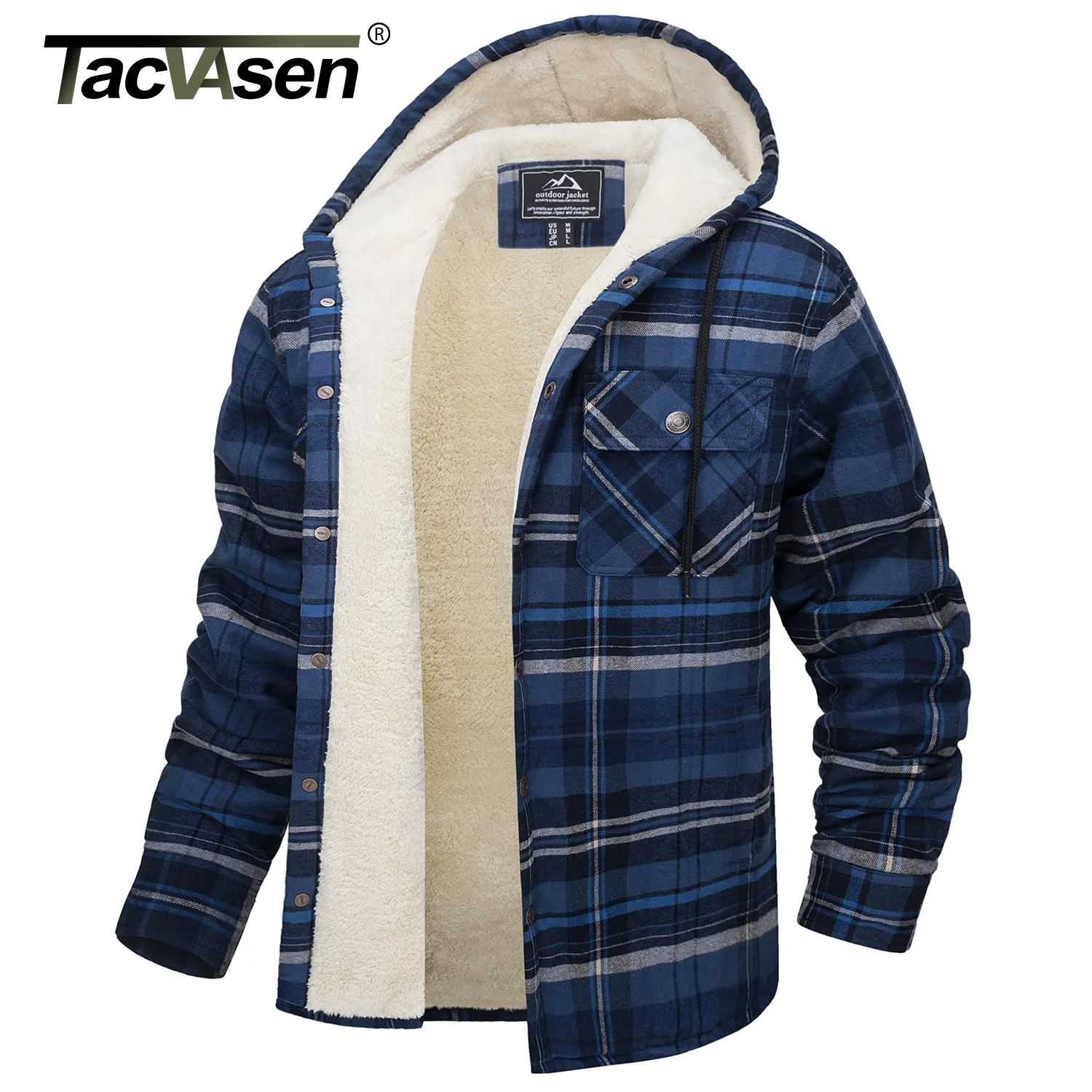 Mens Sherpa Lined Flannel Jacket Heavyweight Hooded Fleece Jacket Thicken Warm Button Down Plaid Outwear Coats