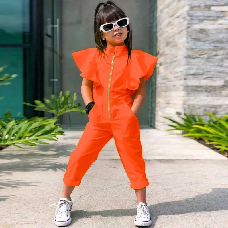 

one piece baby girl romper fly sleeve solid color jumpsuit zip up kids clothes outfits streetwear toddler children 2 to 10 yrs