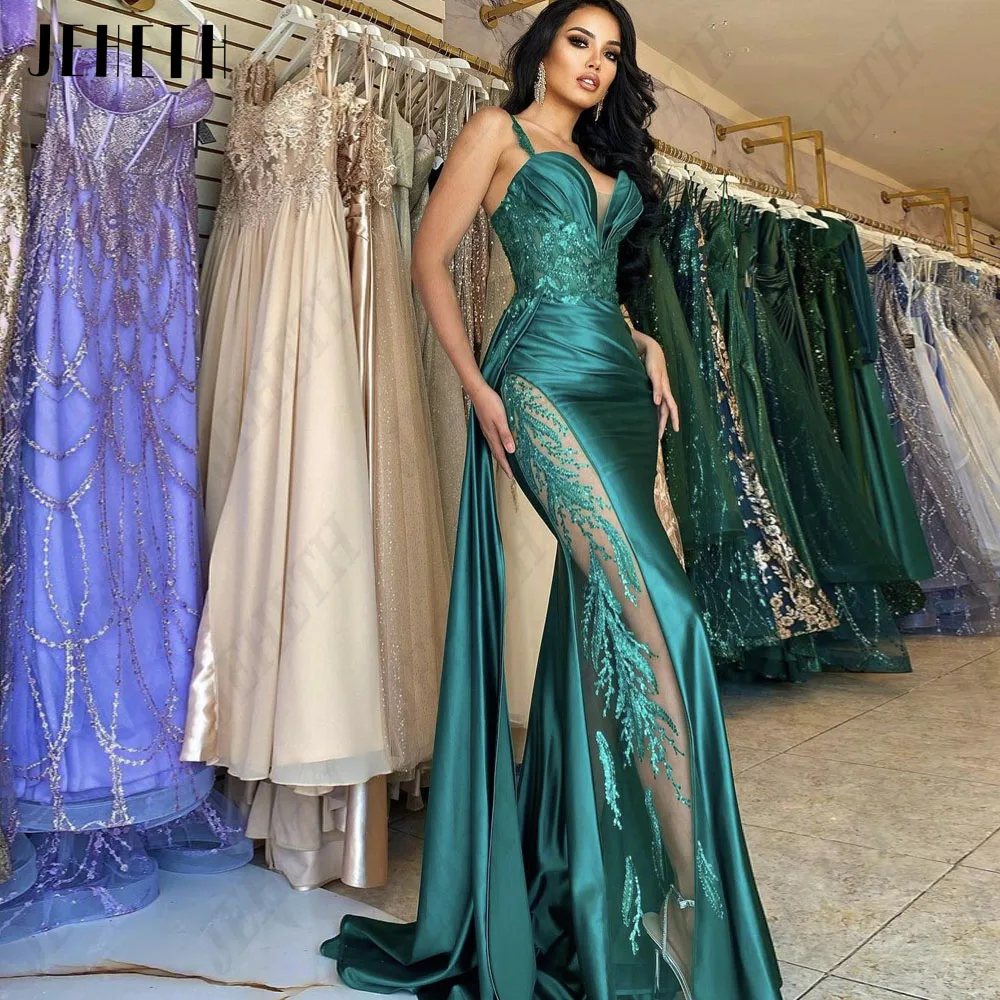 

JEHETH Spaghetti Straps Sweetheart Dubai Prom Dress Mermaid Satin Sexy Side Split Evening Gowns V-Neck فساتين سهره فاخره 2024