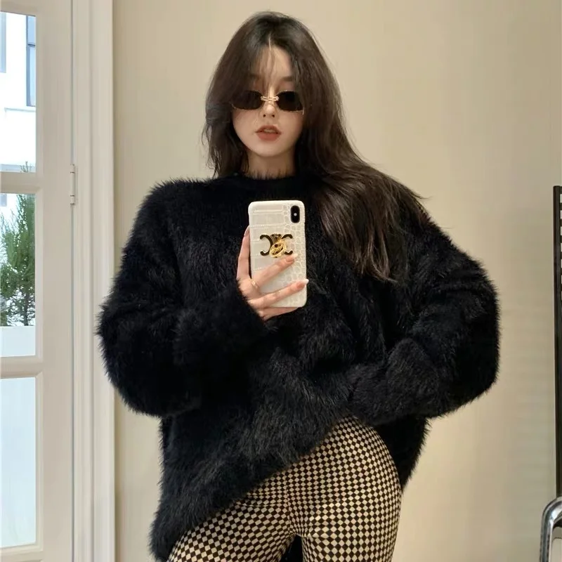 

Oversize Korean Autumn Winter Black Soft Mink Cashmere Pullovers New Casual Women O Neck Thick Warm Mohair Kintted Loose Sweater