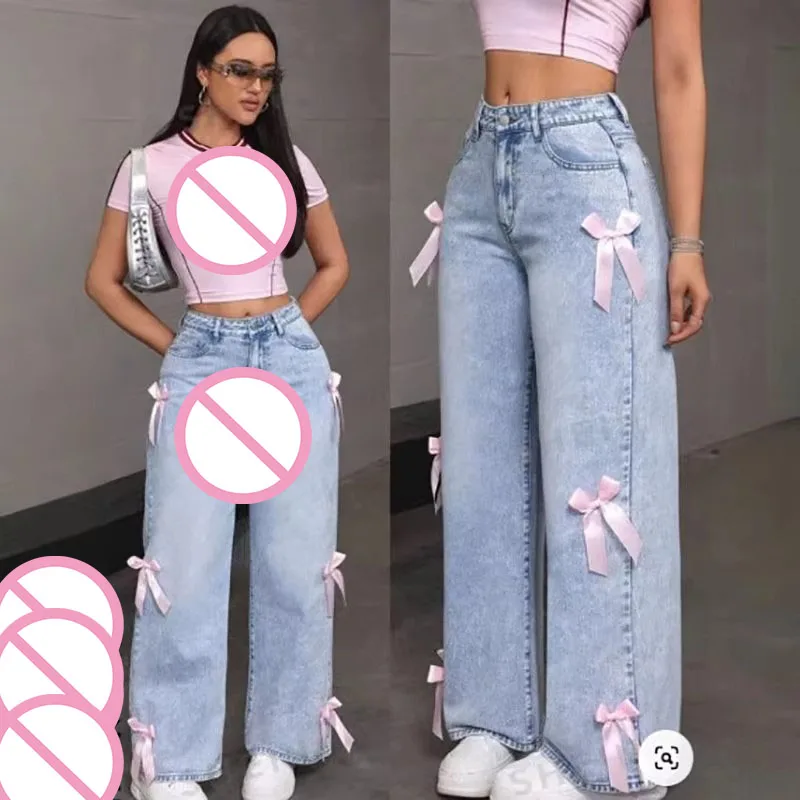 Women's Clothing Hot selling Jeans New y2k street girl bow collage washed jeans European American straight leg pants ins Jeans