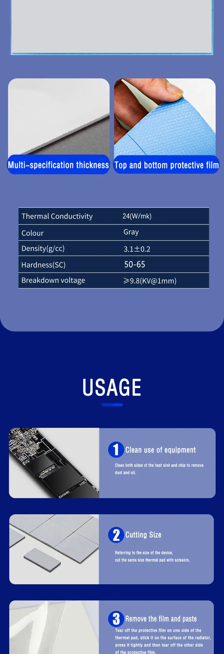 24W/mk 0.75/1.25/1.75mm GPU CPU Heatsink Cooling Conductive Silicone Pad High Qu