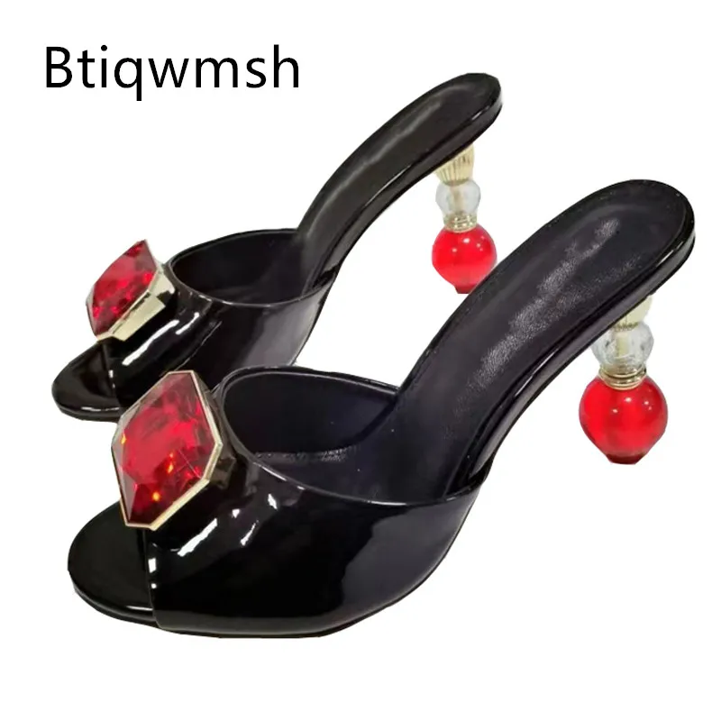 

Red Diamond Rhinestone Sandals Woman Open Toe Black Leather Strange Jewelled High Heels Wedding Shoes Women Sexy Mule Slippers