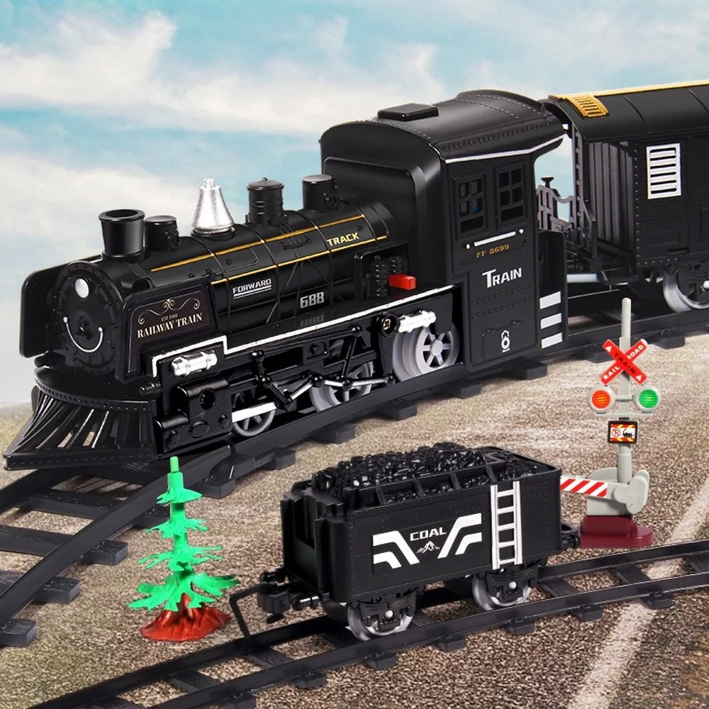 Simulation Steam Train Model Railway Classical Railway Freight Electric Train Track Toy Boy with Smoke Children's Gift