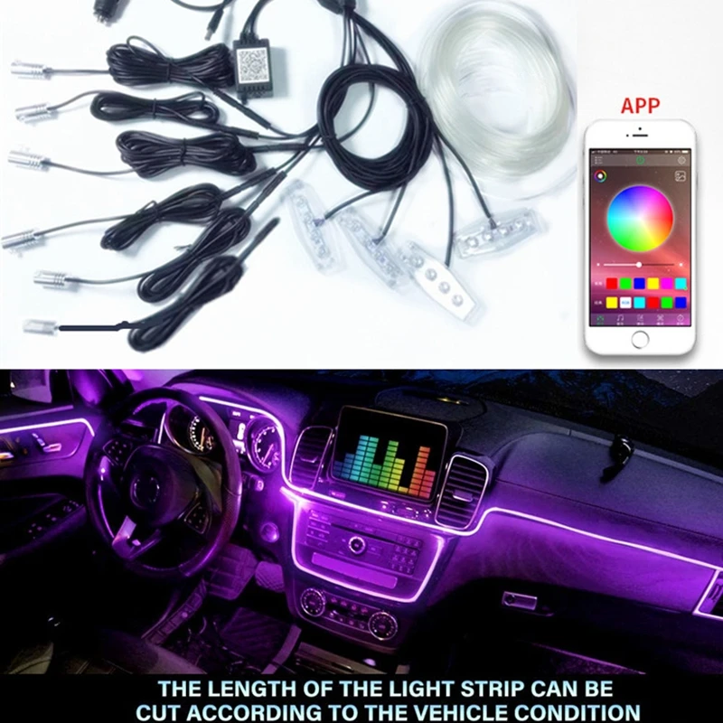 

Светодиодная подсветка для салона автомобиля, декоративная неоновая полоса EL, RGB, несколько режимов, управление через приложение