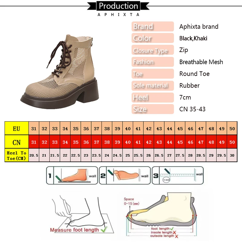 Aphixta 7cm Square Heel Breathable Mesh Ankle Boots Women Platform Lace Up Zip Close Summer Boots Platform Shoes Woman Boats