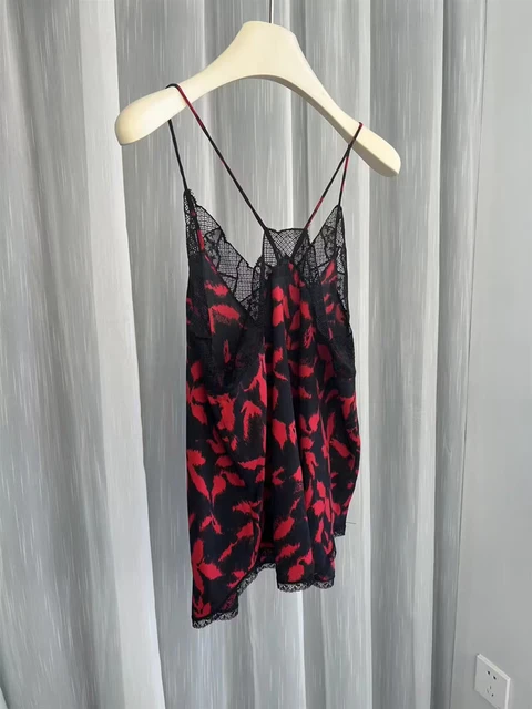Women's Red Maple Leaf Print Sling Top Lace Stitching Sexy 100