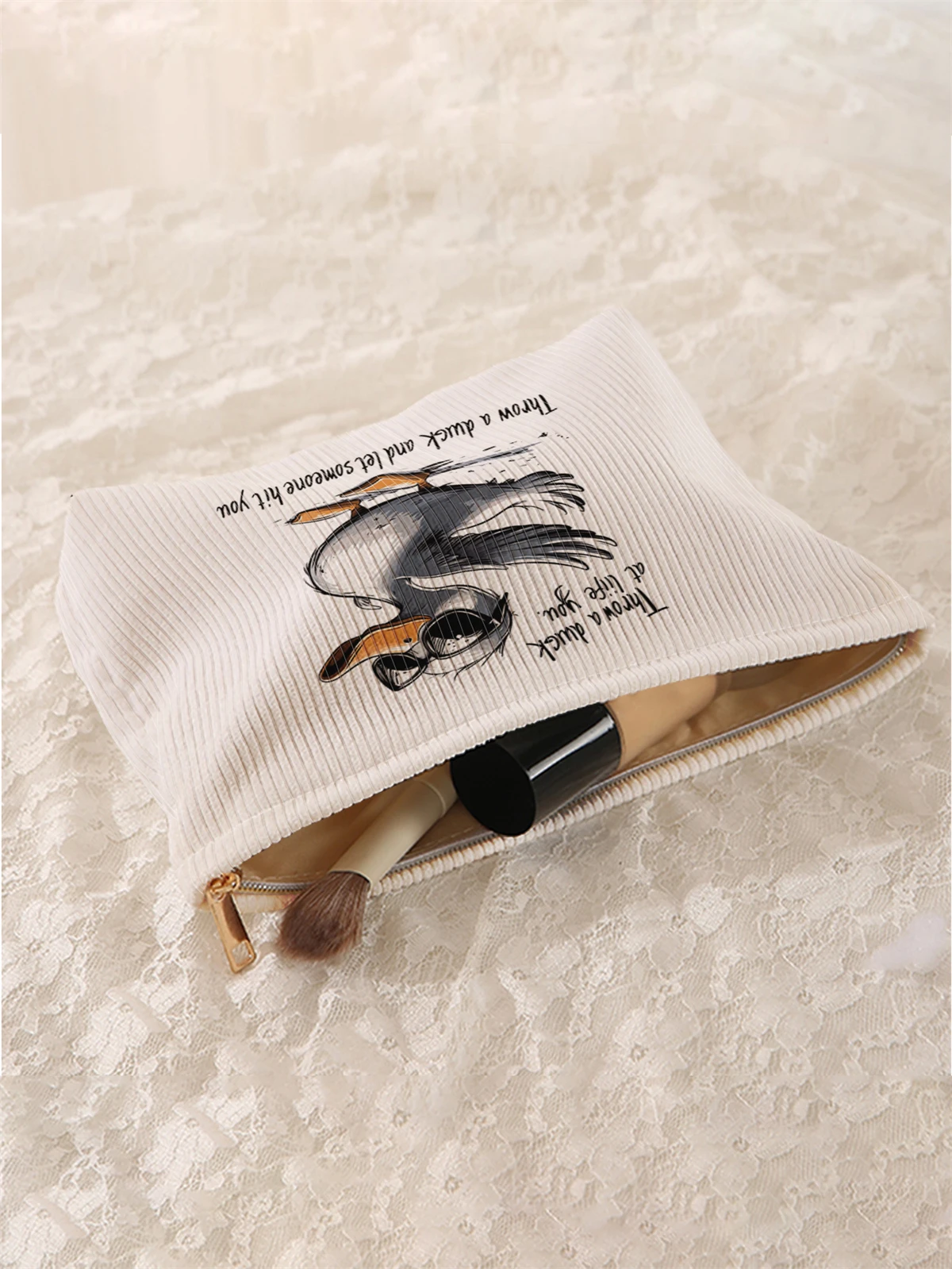 1 cartoon duck pattern printed corduroy makeup bag, lightweight zipper makeup storage box, multifunctional bag with lining