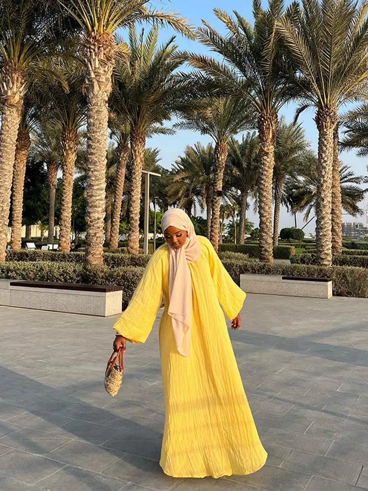 여성용 루즈 라운드 넥 맥시 원피스, 노란색 랜턴 소매, 긴 로브, 캐주얼 하이 스트리트 베스티도, 2024 