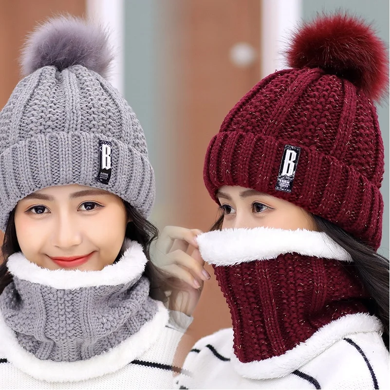 

Brand Knitted Winter Hat Scarf Set Thick Warm Skullies Beanies Hats For Women Solid Outdoor Snow Riding Ski Bonnet Caps Girl New