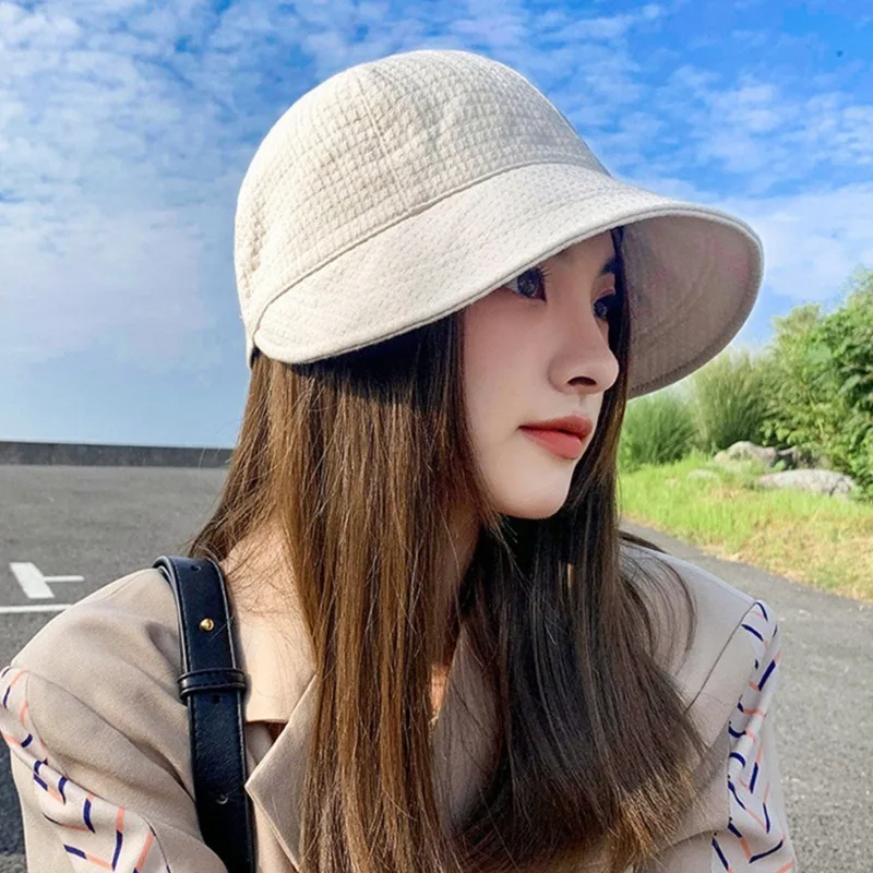 New Hat Women's Autumn Waffle Bucket Hat Women's Solid Color Drawstring Peaked Cap Wide Brim Sunshade Fisherman Hats Sunshade