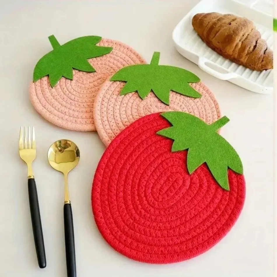 Cute Fruit Series Cotton Rope Meal Mat Non-Slip Coaster Jacquard Technique Heat Insulation Mat Featuring Strawberry Pumpkin Leaf