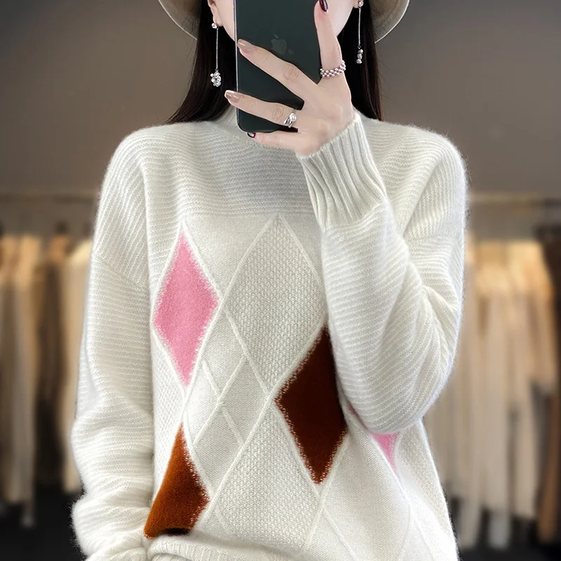 

100% Merino Wool Sweater Women's High Collar Contrast Pullover Casual Loose Autumn Winter Jacket Fashion Korean Female Clothing