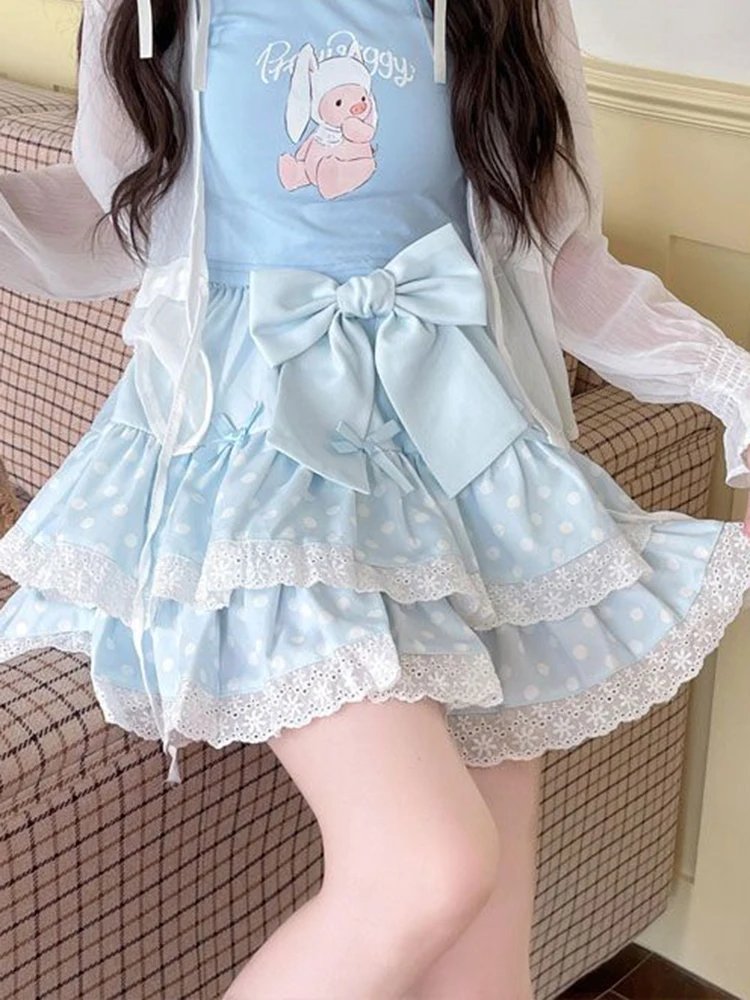 Zoki Kawaii Bow Cake Skirt Women High Waist Cute Dot Sweet Mini Skirts Fashion Casual Japan Female Solid Summer A Line Skirt New 6