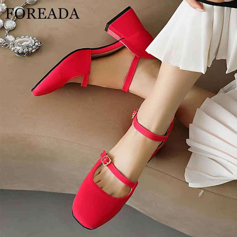 

FOREADA Women PU Leather Mary Janes Two-Piece Pumps Square Toe Chunky Mid Heels Buckle Ladies Fashion Shoes Spring Autumn Green