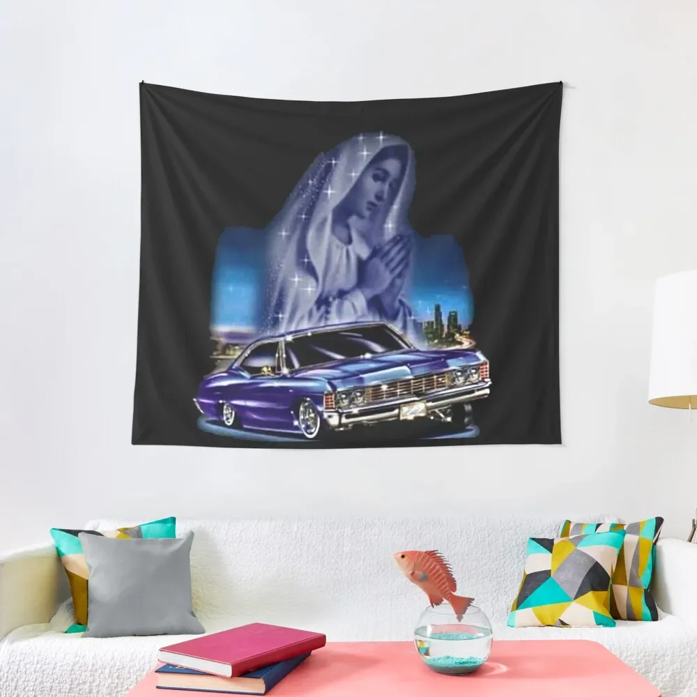 

Blues with Low Rider and Virgen Mary Tapestry Aesthetic Room Decor Korean Decor For Room Room Decoration Accessories Tapestry