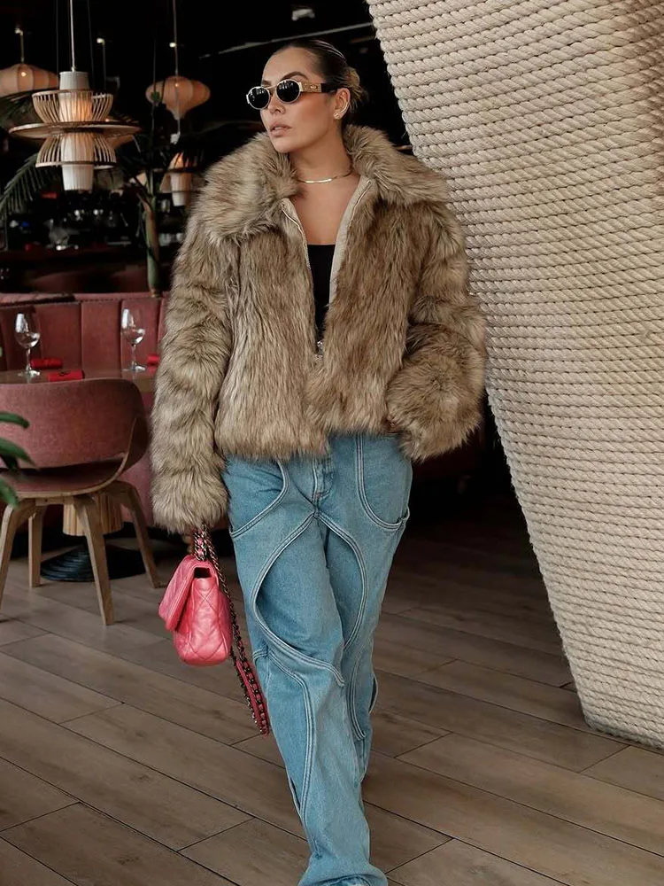 Women Winter Jacket Fashion Faux Fur Short Coat Long Sleeve Zipper Fluff Fur Warm Jackets Casual Streetwear New Outerwear