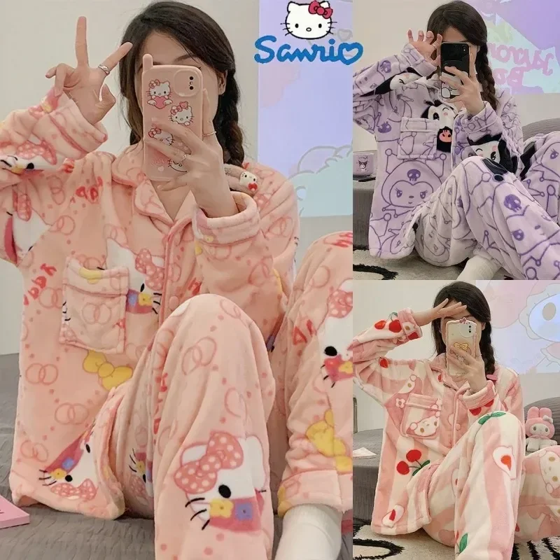 

Новинка Kawaii Sanrio Hellokitty Kuromi Mymelody Lotso плюшевые пижамы зимняя утепленная Домашняя одежда подарок для женщины на Рождество