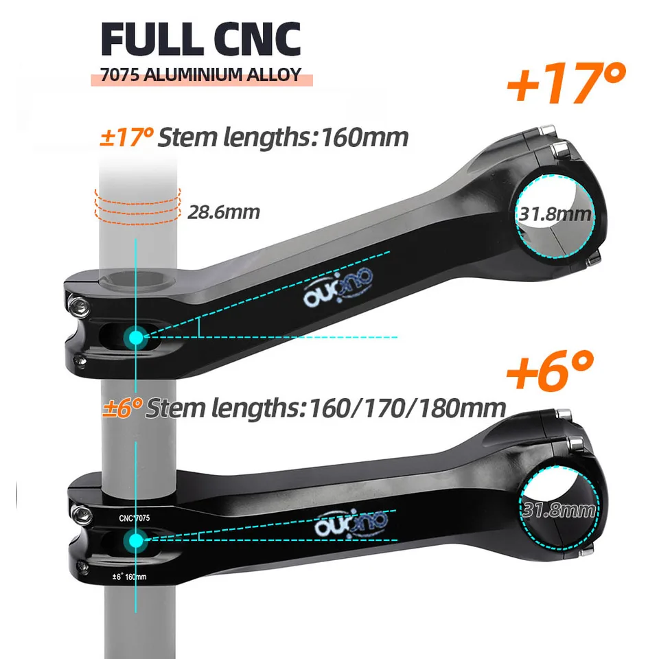 OUO Long Bike Stem 7075 Aluminum CNC Stem 17/ 6 Degree Mtb