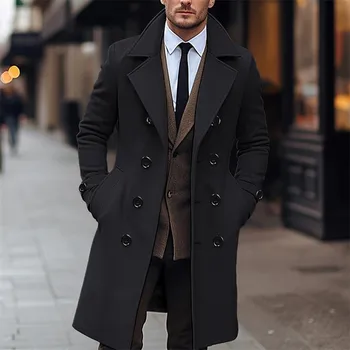Autumn Winter Men's Woolen Coats Business Casual Fashion Double Breasted Long Woolen Trench Male England Style Wool Blends Coat 2
