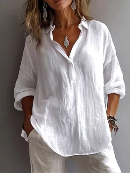 Women's loose imitation linen cotton half open collar casual shirt with a pullover 1